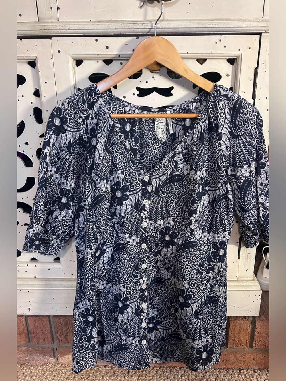 Guess Navy and White Floral Button-Front Tunic